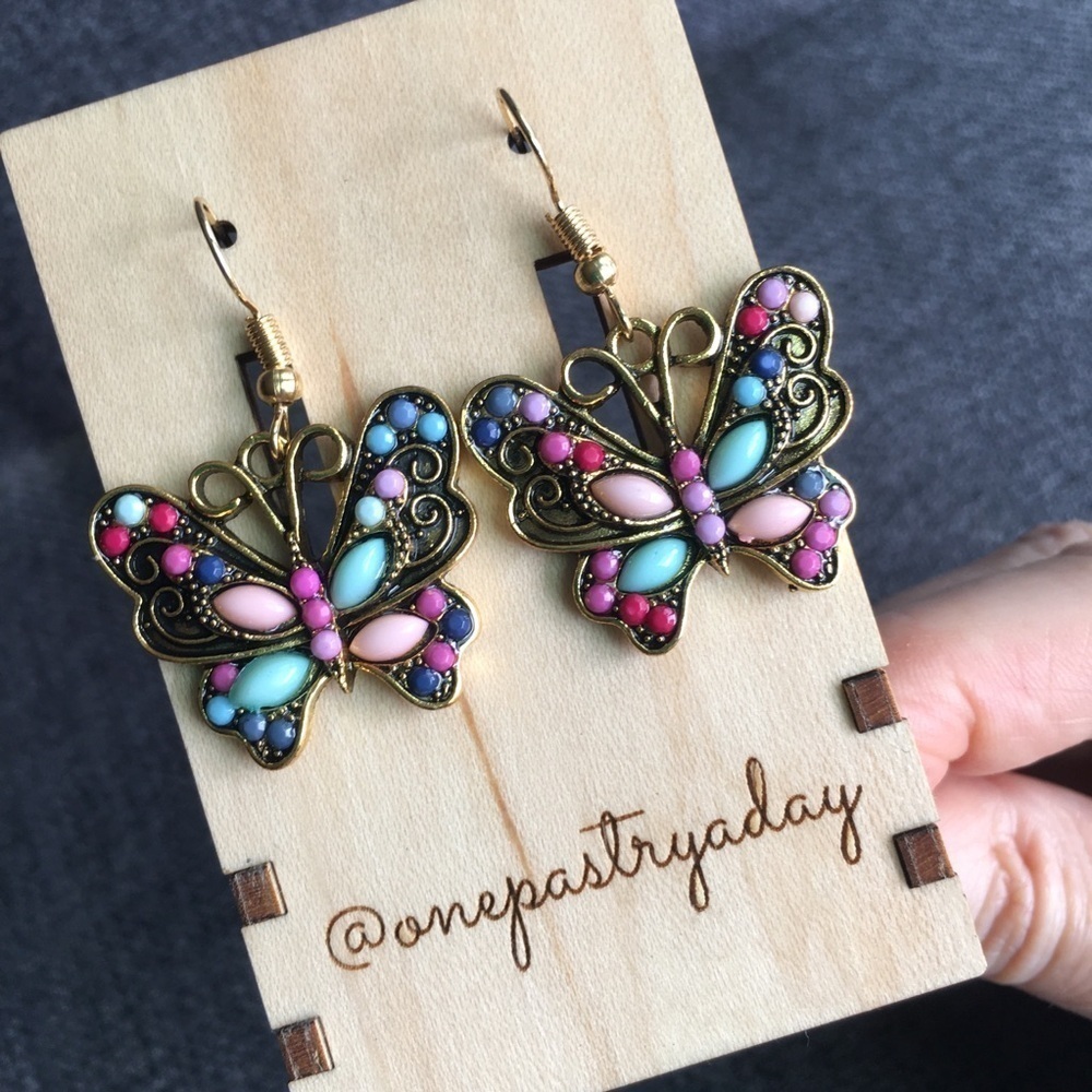 Colorful Enamel Pastel Butterfly Dangle Fashion Earrings, Gold, Pink, Aqua